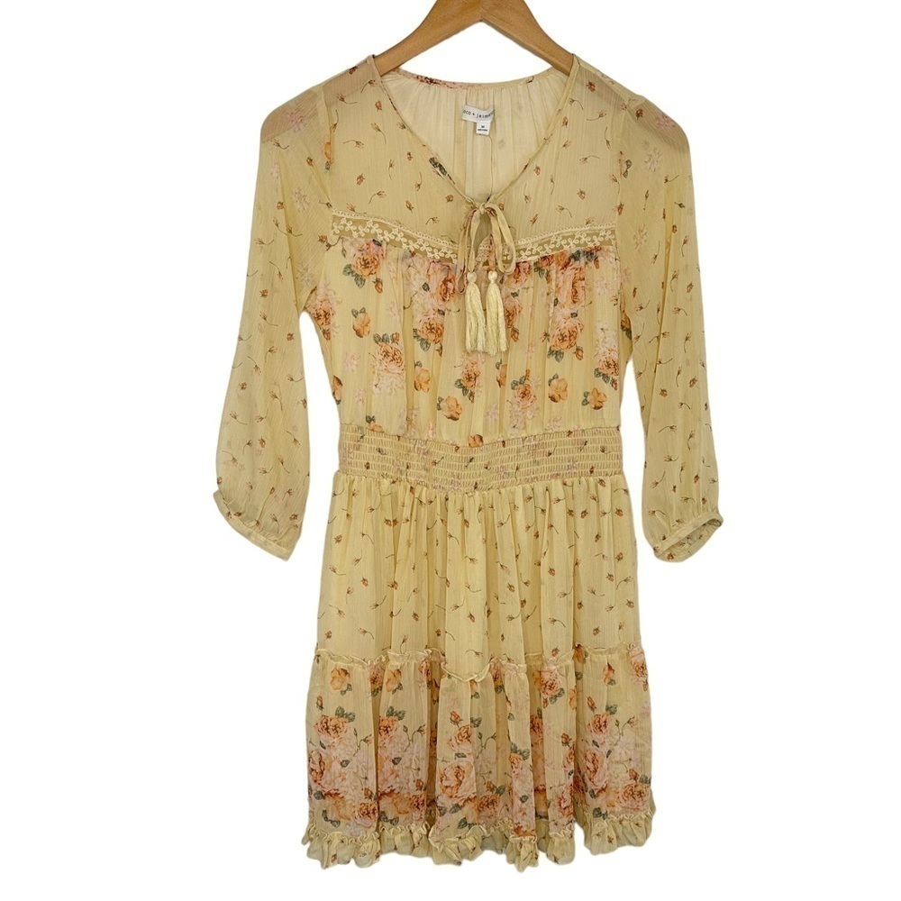 Coco + Jaimeson Floral Chiffon Smocked Waist Dress Sz Medium Pale Yellow